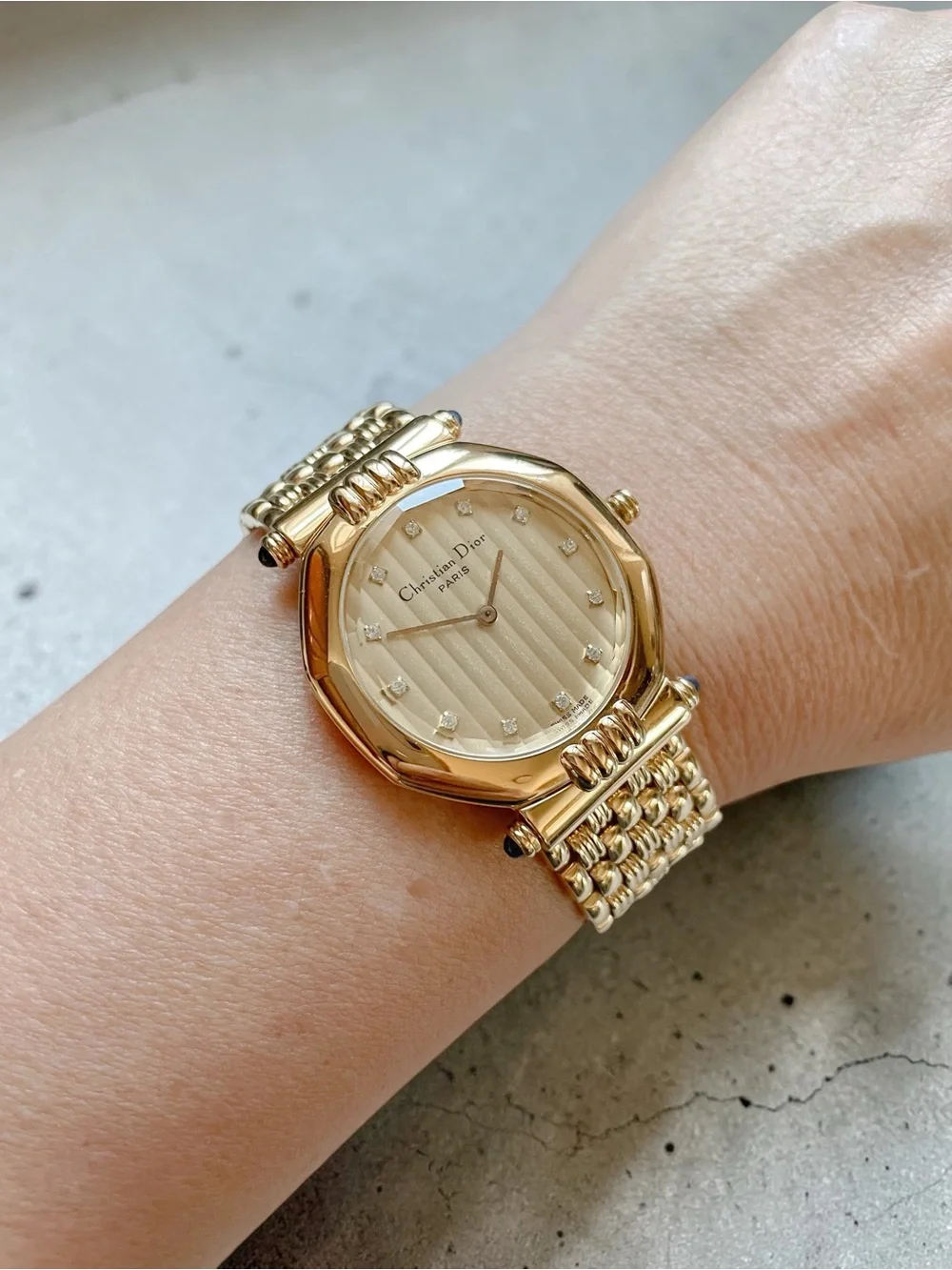 Vintage Christian Dior Octagon Gold Watch with Diamond Hour Marker Dial